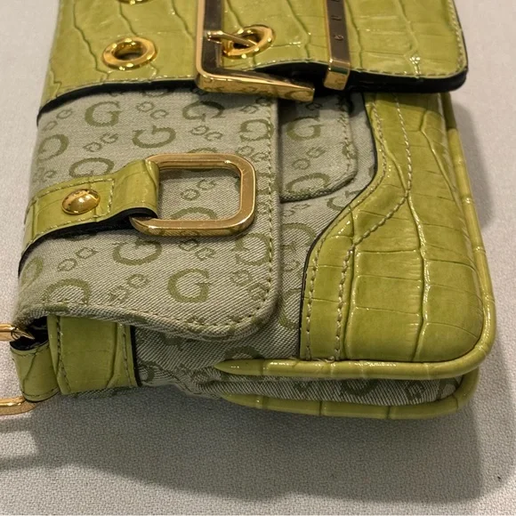 Vintage GUESS Y2K Green Shoulder Bag Monogram Brass Buckle Purse Croc Pattern - Picture 10 of 16